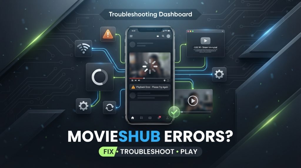 MoviesHub troubleshooting dashboard showing common app errors, with options to fix issues.