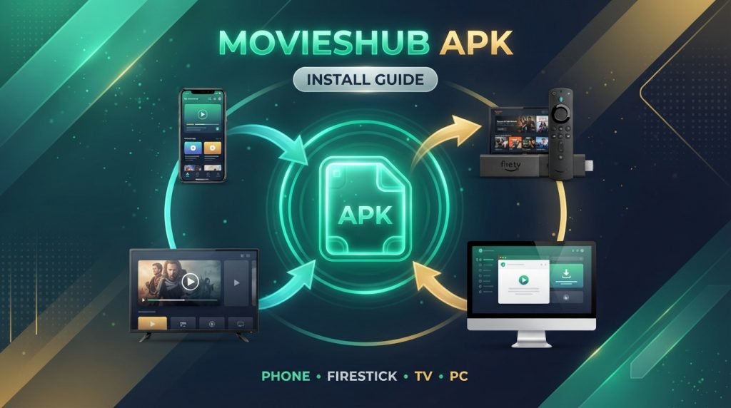 MoviesHub APK installation guide showing setup steps for phones, Fire TV Stick, and PC.